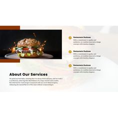 an image of a sandwich on a plate with the words about our services written below it