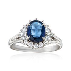 Ross-Simons - C. 1990 Vintage 1.30ct Sapphire, .48ct t. w. Diamond Ring Oval Cut Size 7. C. 1990. Indulge in a luxurious statement for the ages. From our Estate collection, this breathtaking 1.30 carat oval sapphire ring beams its signature blue hue from a classic .48 ct. t. w. baguette and round brilliant-cut diamond halo. Finely crafted in polished platinum. 7/16" wide. Diamond and sapphire ring. Exclusive, one-of-a-kind Estate Jewelry. Sapphire birthstones are the perfect gift for September b Timeless Oval Sapphire Ring Vvs Clarity, Timeless Sapphire Diamond Ring For Formal Occasions, Classic Sapphire Ring With Polished Finish For Anniversary, Timeless Oval Sapphire Ring With Vvs Clarity, Oval Platinum Topaz Ring For Anniversary, Formal Sapphire Baguette-cut Ring, Classic Oval Sapphire Ring For Formal Occasions, Classic Oval Sapphire Cluster Ring, Formal Sapphire Rings With Baguette Cut