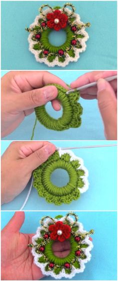 crochet christmas wreath ornament is being worked on