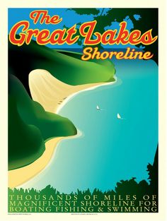 an advertisement for the great bakes shoreline, with green hills and blue water in the background