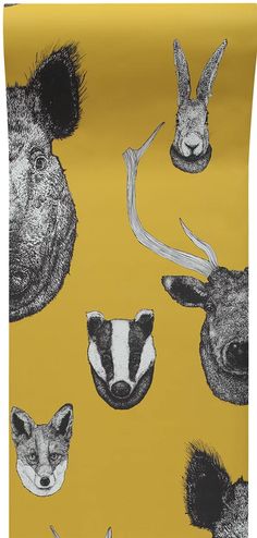 an image of animals on a yellow background with black and white ink drawing by person