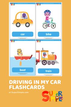 four cards with pictures of different vehicles and words that describe the vehicle in each card