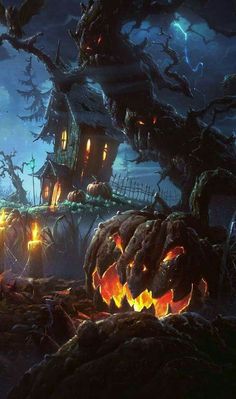 an animated halloween scene with pumpkins in the foreground