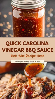 a jar of barbecue sauce being poured onto a plate