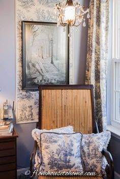 Beautiful Blue And White Toile Bedroom Makeover | My Guest Bedroom Blue Toile Bedroom, Toile Bedroom, Painting The Ceiling, Iron Canopy Bed, Black Walls Bedroom, Blue And White Toile, Wrought Iron Beds, House To Home, Blue Bedroom Decor