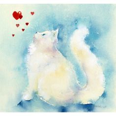 a watercolor painting of a white cat with hearts