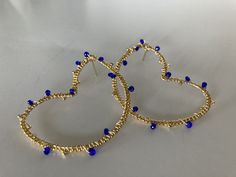 Gold Wire Wrap 14k Royal Blue Crystal Bead Heart Earring, Crystal Bead Hoop, Everyday Bead Hoop Earring, Heart Hoop, Crystal Heart Earring by LoveViviJewelry on Etsy Crystal Heart Earrings, Grosgrain Ribbon Bows, Logo Jewelry, Blue Crystal Earrings, Heart Earring, Earring Wire, Heart Hoop Earrings, Large Heart, Gold And Blue