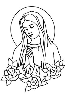 the virgin mary with flowers in her hands coloring page for kids and adults to color