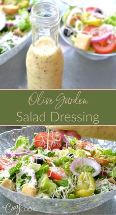 salad dressing in a glass bowl with lettuce and tomatoes