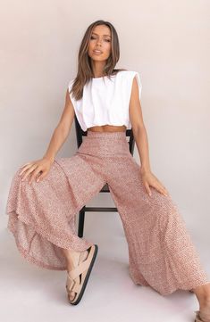 Flowy wide legs punctuate these printed pants topped with a comfy elastic waist. Elastic waist Unlined 100% rayon Hand wash, dry flat Imported Summer Outfits Relaxed, Boho Relaxed Outfit, Spiritual Prints, Pisces Rising, Style Uniform, Look Boho Chic, Fun Clothing, High Waist Wide Leg Pants, Making Space