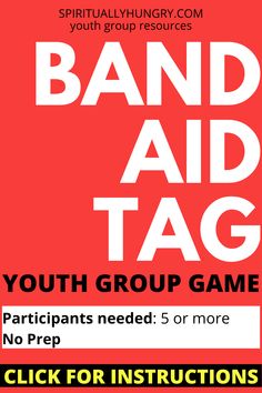 a poster with the words band aid tag in white and red on a red background