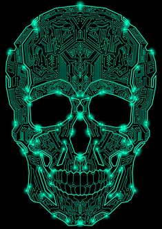 a neon green skull with lots of lights on it's face and head, in the shape of an electronic circuit board