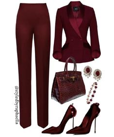 Luxury Burgundy Suits For Work, Luxury Burgundy Bottoms For Workwear, Elegant Fitted Burgundy Blazer, Burgundy Suit Women Outfit, Luxury Burgundy Pants For Women, Elegant Burgundy High-waisted Pants, Summer Office Attire Women, Burgundy Dress Outfit, Cute Professional Outfits