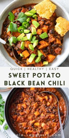 a bowl of sweet potato black bean chili with cornbreads and cilantro