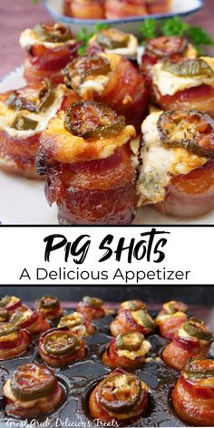 A double collage photo of a pig shot appetizer recipe. Pig Shots, Treats Christmas, Appetizers Easy Finger Food, Best Appetizer Recipes, Smoked Food Recipes, 2023 Christmas