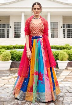 Faux georgette circular lehenga choli in Multicolor colour 148  Desc:  Style : Circular Lehenga Choli Color : Multicolor Fabric : Faux Georgette Work : Embroidery   Sequence Wash Care : Dry clean Bust Size : 32 to 42 Inches Occasion : Ceremonial   Baby Shower   Social Gathering   Teej   Mehendi   Sangeet   Engagement. With Express Free Shipping and Custom Stitching, Buy Indian Party wedding and bridal Lehengas Faux georgette circular lehenga choli in Multicolor colour 148 online in USA, UK and C Multi Colour Lehenga, Multi Colour Saree, Anarkali Lehenga Gowns, Anarkali Lehenga, Reception Lehenga, Party Wear Lehenga Choli, Pakistani Salwar, Lehenga Online, Lehenga Choli Online