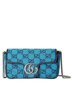 Gucci Blue GG Marmont Blue Super Mini Bag - Runway Catalog Gg Marmont Super Mini Bag, Gucci Mini, Gucci Marmont, Buy Gucci, Gg Marmont, Blue Canvas, Canvas Leather, Blue Bags, Leather Trim