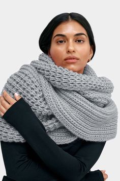 Meet London, our beloved oversized chunky infinity scarf—a staple accessory you need for any chilly day. So cozy and soft, made of French merino-based soft yarn that gives London a luxury feel similar to cashmere and silk. It can be worn as just an infinity scarf or as a head covering at the same time.[SPLIT] Available in one size. Laid flat, the scarf measures 29" (74 cm) x 19" (48 cm), which is half of the loop. French Merino Wool Blend (20% Merino Wool, 80% Acrylic). Dry clean for best results, or hand wash in cold water. Lay flat to dry. Designed in NYC. Handcrafted in Europe. Our production team enjoys a living wage, a 40-hour work week with paid overtime, free health insurance and 20 days annual paid vacation. Chunky Infinity Scarves, Scarf Accessories, Loop Scarf, Winter Clothing, Scarf Jewelry, The A Team, The Loop, Head Covering, Wool Scarf