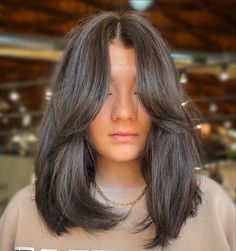 Short Curtain Bangs On Medium Hair, Long Bob Hair With Curtain Bangs, Short To Medium Straight Haircuts, Lob Hairstyle With Curtain Bangs, Mid Length Lob With Curtain Bangs, Longer Curtain Bangs Short Hair, Dark Brown Lob With Curtain Bangs, Short Chocolate Brown Hair With Bangs, Mid Hair Curtain Bangs