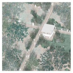 an aerial view of a house surrounded by trees and people in the yard, looking down at it