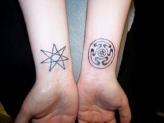 two people with matching tattoos on their arms