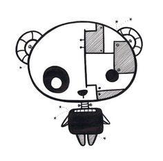 a black and white drawing of a bear with big eyes on it's head