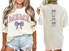 Celebrate mom in style with our coquette 4th of July American "Mama" shirt, featuring red checkered letters and a red, white and blue bows and cherries, and personalized with the kids names on the back. This unique tee is the perfect gift for mom and a thoughtful shirt that combines the coquette aesthetic with personalized details, making it a standout gift for mom that she'll cherish. COMFORT COLORS 1717 SHIRT: Unisex 100% US cotton - ethically grown and harvested Pre-Shrunk Fabric Relaxed Fit Checkered Letters, Shirt Coquette, Mama Tshirts, Red Checkered, Mama T Shirt, Celebrate Mom, Kids Names, Tshirt Ideas, Blue Bow