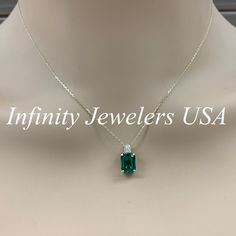 "The pendant pictured is a lab created emerald and diamond #6648 -Approximate total carat weight: approx. 2.55ctw diamond equivalent -Center Stone Size: 9x7mm - approx. 2.50ct diamond equivalent -Center Stone Shape: emerald cut -Gem Type: lab created emerald -Stone Clarity: VS2 -Stone Color: Green -Moh's Scale: 8.5 hardness -Accent Stone Size: round approx. 0.04ct. diamond equivalent -Gem Type: genuine diamond -Stone Clarity: SI1 -Stone Color: G -Moh's Scale: 10 hardness -Metal Type and Purity: Dazzling Emerald Necklace For Anniversary, Dazzling Emerald Necklace With Diamond Accents For Anniversary, Classic Cubic Zirconia Emerald Necklace, Formal Gia Certified Emerald Necklace, Emerald Pendant Necklace With Diamond Prong Setting, Emerald Necklace With Diamond Accents For Anniversary, Fine Jewelry Emerald Necklace With Diamond Prong Setting, Emerald Cut Emerald Necklace With Diamond Accents Gift, Emerald Jewelry With Diamond Accents For Anniversary