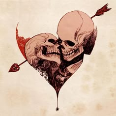 two skulls in the shape of hearts with an arrow