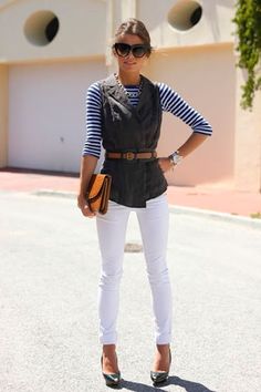 Placing a belt over a wrap or cardigan not only draws you in at the waist, but also brings the whole oufit together Diy Fashion Hacks, Womens Fashion For Work, Looks Style, White Pants, Look Chic, Womens Fashion Casual, Look Fashion, Diy Fashion