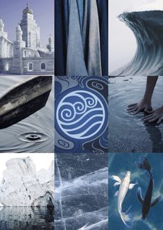 the collage shows several different scenes in blue and white