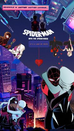 spider - man into the spider - verse movie poster with various characters in front of cityscape