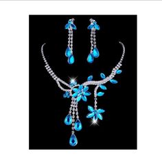 This Necklace Set Features Beautiful Crystal Flower Accents, With Matching Necklace & Clip On Earrings. Blue Flower Shaped Jewelry For Party, Cheap Necklaces, Bridesmaid Jewelry Sets, Set Jewelry, Fashion Jewelry Sets, Rhinestone Wedding, Engagement Jewelry, Wedding Jewelry Sets, Bridal Jewelry Sets