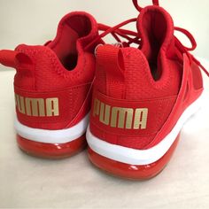 Gotta Love A Pretty Red Shoe. Tag Sz: 9 Condition: Preowned Never Used. Red Puma Sneakers With Round Toe, Puma Carina Sneakers, Puma Cali Sneakers, Pink Puma Sneakers, Red Puma Sneakers For Sports, Red Non-slip Sneakers For Sports, Red Non-slip Sneakers For Running, Red Slip-on Synthetic Sneakers, Velvet Creepers