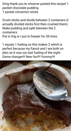 a piece of cake on a plate with a spoon in it and the recipe below