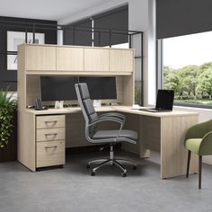 an office area with desk, chair and computer