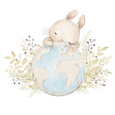 a watercolor drawing of a rabbit sitting on top of a globe