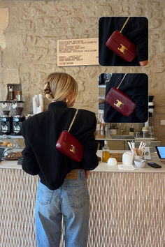 Red Purse And Shoes Outfit, Fall Bag Aesthetic, Celine Triomphe Bag Red, Red Celine Bag, Red Bag Aesthetic Outfit, Red Bags Outfit, Outfits With Red Bag, Celine Bag Aesthetic, Maroon Bag Outfit