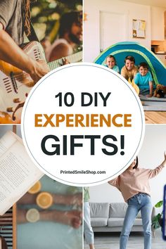 the words, 10 diy experience gifts are shown in four different pictures with people playing guitar