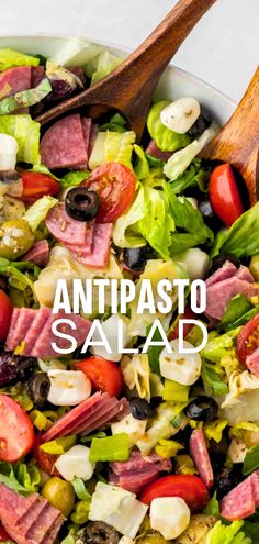 A close up view of a bowl of antipasto salad with a wooden spoon sticking out the side. Gnocchi Antipasto Salad, Best Antipasto Salad Recipe, Antipasta Salads, Italian Antipasto Salad, Antipasto Squares