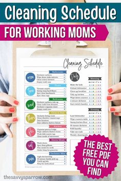 a woman holding up a cleaning schedule for working moms