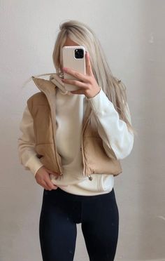 Tan Puffer Vest, Everyday Outfits Fall, Puffer Vest Outfit, Women Leather Jacket, Vest Outfits For Women, Collection Ideas, Winter 22