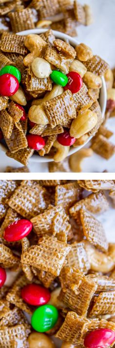 two pictures of some kind of food with candy on top and another photo of the same type of food