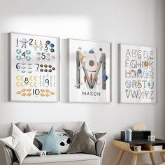 three framed art pieces hang on the wall above a couch in a white living room