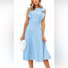 Never Worn. Mint Condition. Bundle And Save 30% Off 3+ Items!!! Ships Out Next Business Day! Light Blue Casual Midi Dress For Garden Party, Light Blue A-line Midi Dress For Day Out, Casual Light Blue Midi Dress With Ruffles, Eyelet Dress, Mint Condition, Cap Sleeves, Colorful Dresses, Color Blue, A Line