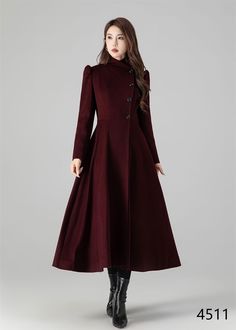 Vintage Inspired Wool Coat, Burgundy Long Wool Coat, Swing Princess Coat, Single Breasted Coat for Women, Custom Winter Coat, Xiaolizi 4511 - Etsy Long Wool Coat Women, Soviet Fashion, Chiffon White Dress, Winter Formal Dresses, Wool Winter Coat, Wool Overcoat, Coat For Women