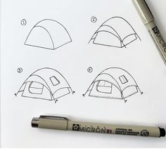 the instructions for how to draw a tent on paper with markers and pens, including a pen