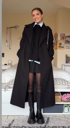 Winter Play Outfits, Club Outfit For Cold Weather, Coat And Tights Outfit, Dress And Jumper Outfit Winter, Silky Dress Outfit Winter, Winter Skirt Outfit With Coat, Black Coat And Skirt Outfit, Deatheaters Aesthetic Outfits, Black Coat With Skirt