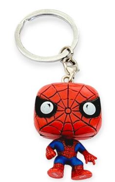 a spiderman keychain is shown with the eyes open and it's head turned