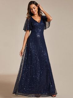 Shimmering All Over Sequin Short Sleeves A-Line Formal Evening Dress #color_Navy Blue Plus Size Sequin Dresses, Red Sequin Dress, Sequin Short, Dazzling Dress, Formal Evening Dress, Sequin Evening Dresses, Dress With Short Sleeves, Ever Pretty, Sequin Maxi Dress